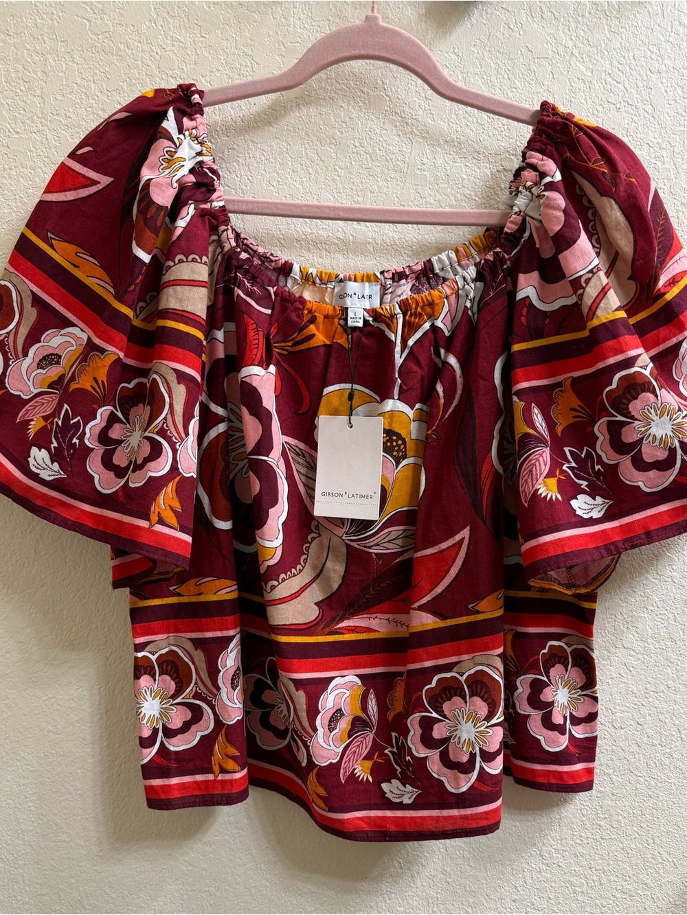 Gibson Latimer Maroon Floral Off-Shoulder Puff Sleeve Top